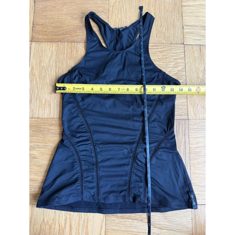 NWOT $120 Michi Black Halterneck Racerback Tank w/ contoured mesh seams, Size XS
